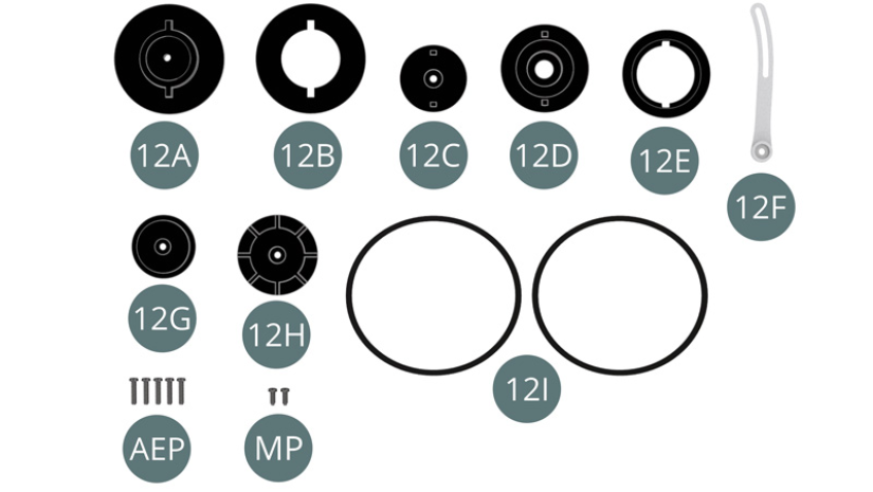 12A Water pump pulley outer rim 12B Water pump pulley inner rim 12C Crankshaft pulley outer rim 12D Crankshaft pulley centre rim 12E Crankshaft pulley inner rim 12F Alternator adjustment arm 12G Alternator pulley outer rim 12H Alternator pulley inner rim 12I Timing belt (x 2) Screw AEP M 1.2 x 5 mm (x 5) Screw MP M 1.2 x 3 mm (x 2)