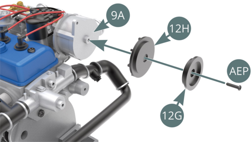 Position the inner (12H) and outer (12G) alternator pulley rims onto the alternator (9A) and secure with an AEP screw. 