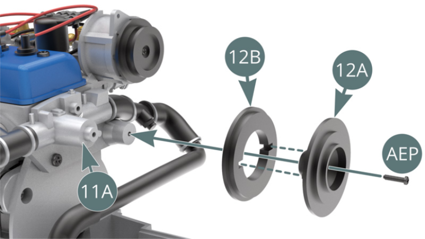 Position the inner (12B) and outer (12A) water pump pulley rims onto the engine block front pivot (11A) and secure with an AEP screw.