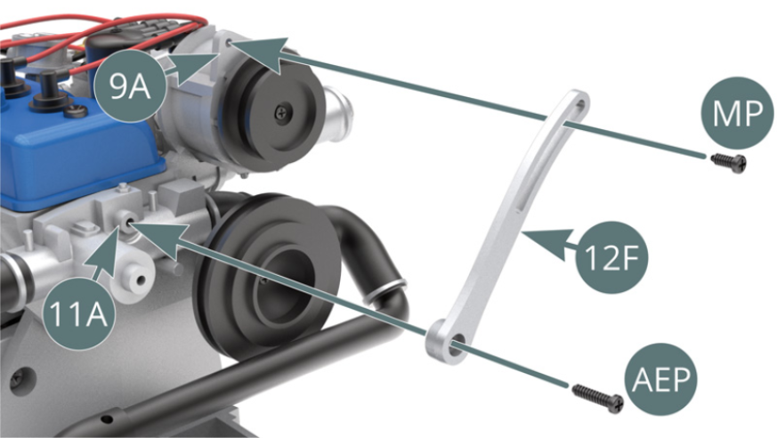 Position the lower end of the adjustment arm (12F) on the engine block front pin (11A) and the movable upper end on the eye above the alternator (9A) and secure with an AEP and MP screw respectively. 