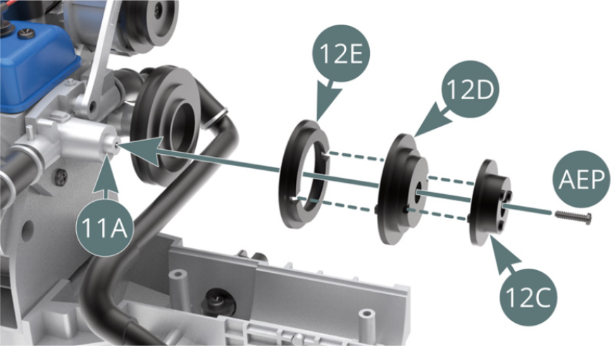 Position the inner (12E), middle (12D) and outer (12C) crankshaft pulley rims on the engine block front shaft (11A) and secure with an AEP.