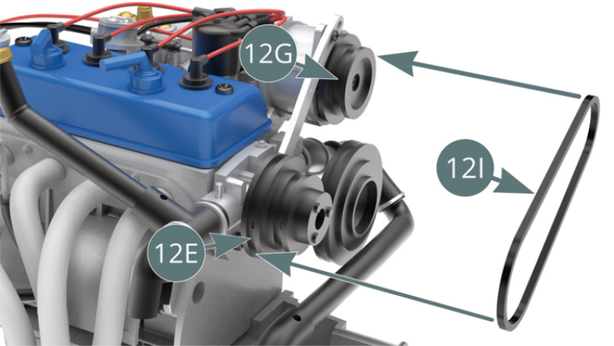 Position a timing belt (12I) on the inner crankshaft pulley rim (12E) and on the alternator pulley (12G). Position a timing belt (12I) on the centre crankshaft pulley rim (12D) and on the water pump pulley (12B).