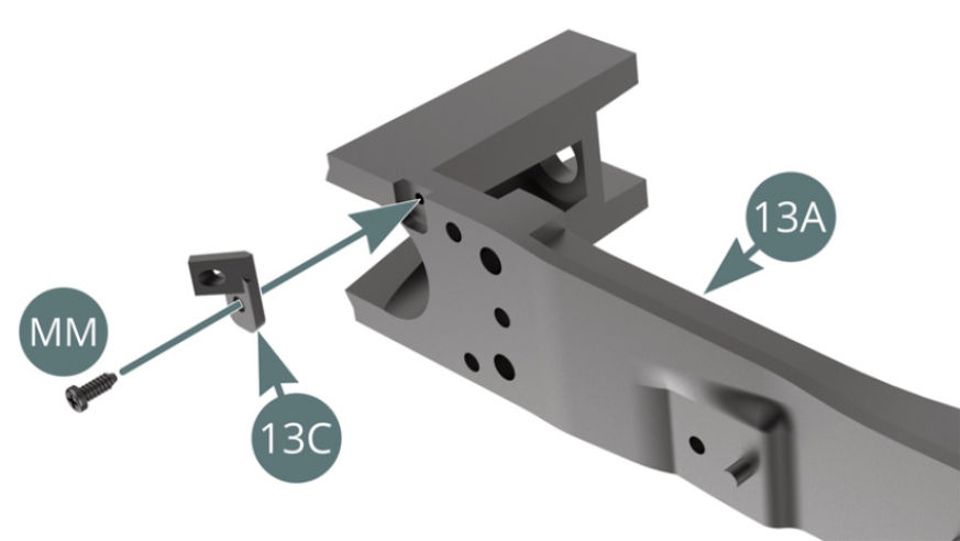 Position the left rear brake line support (13C) on the rear suspension cross beam (13A) and secure it with an MM screw. 