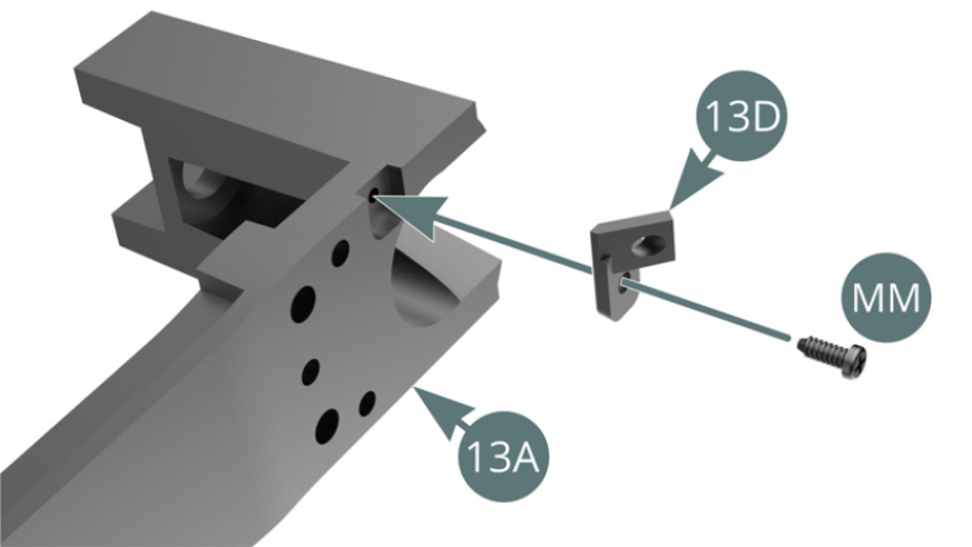 Position the right rear brake line support (13D) on the rear suspension cross beam (13A) and secure it with an MM screw.