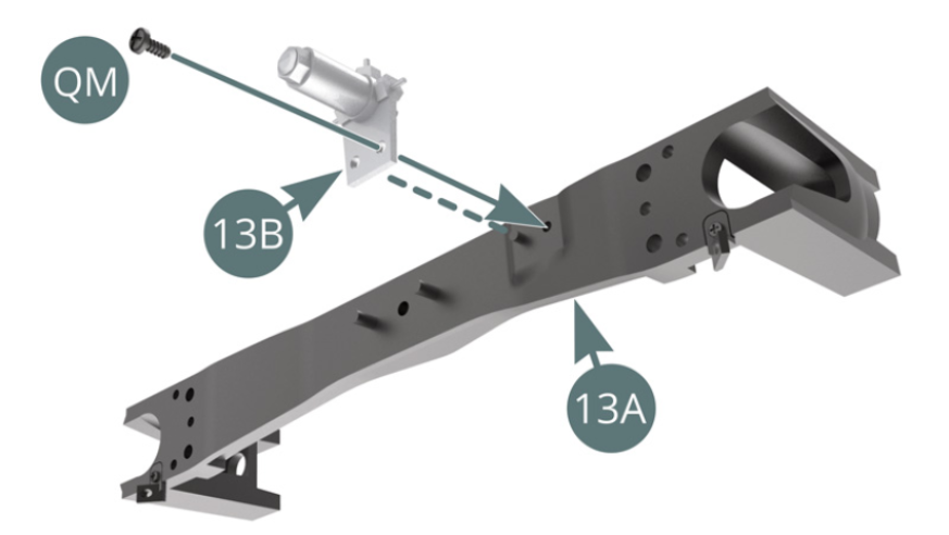 Position the brake master cylinder (13B) on the rear suspension cross beam (13A) and secure with a QM screw.