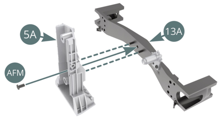 Position the gearbox top (5A) on the rear suspension cross beam (13A) and secure with an AFM screw.