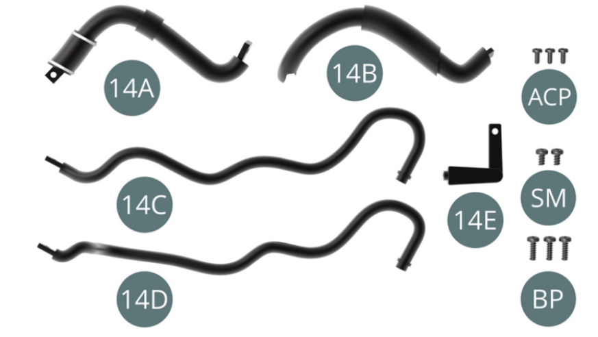 14A Tubo dell'acqua 14B Tubo dell'acqua 14C Tubo dell'acqua sinistro 14D Tubo dell'acqua destro 14E Asta del selettore del cambio Vite ACP M 1,4 x 3 mm (x 3) Vite SM M 1,7 x 3 mm (x 2) Vite BP M 1,7 x 5 mm (x 3)