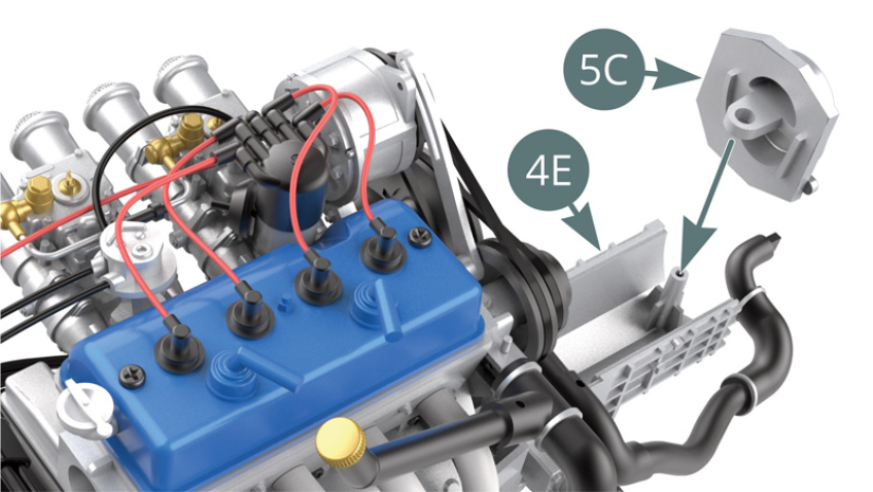 Position the rear gearbox cover (5C) onto the lower transmission housing (4E).