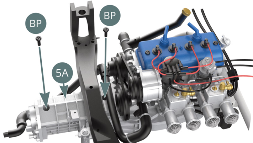 Attach the top of the gearbox housing (5A) to the bottom of the transmission housing (4E) with two BP screws.