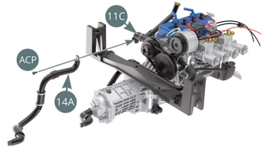 Position the water pipeline (14A) on the hose elbow (11C) and secure with an ACP screw. Position the gear selector (14E) onto the top of the gearbox housing (5A) and secure with an SM screw.