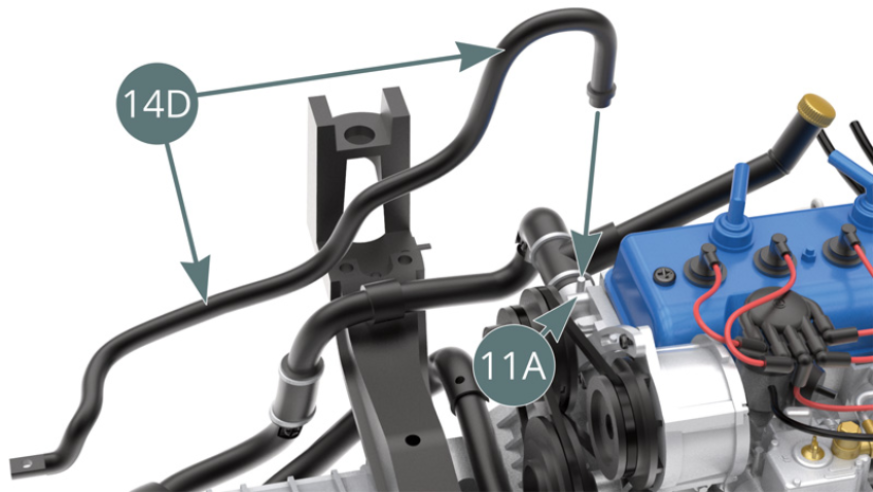 Positionner le tuyau d’eau droit 14D  sur la buse droite de l’avant du bloc moteur 11A.Positionner le tuyau d’eau gauche 14C  sur la buse gauche de l’avant du bloc moteur 11A.