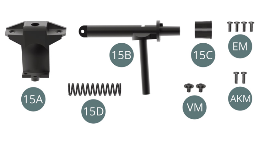 15A Linke Aufhängungsschale 15B Linke Antriebswelle mit Stoßdämpfer 15C Faltenbalg der Getriebewelle 15D Federung der Aufhängung VM M Schraube 2,3 x 4 x 6 mm (x 2) EM M Schraube 2,0 x 5 mm (x 4) AKM M Schraube 2,0 x 6 mm (x 2)