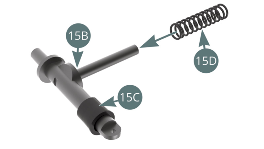 Position the bellows (15C) on the left transmission shaft (15B). Position the suspension spring (15D) onto the left transmission shock absorber (15B).