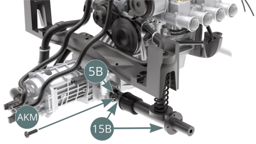 Fix the left transmission shaft (15B) to the transmission joint (5B) with an AKM screw, then slide the bellows (15C) over the transmission joint (5B) - see illustrations opposite and below.