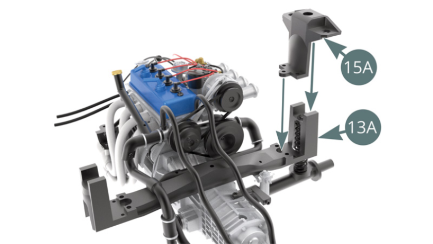 Position the left suspension cup (15A) on the rear suspension cross beam (13A) and secure with three EM screws ( pictured opposite and below).