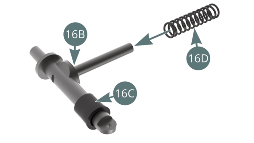 Position the bellows (16C) on the right transmission shaft (16B). Position the suspension spring (16D) onto the right transmission shock absorber (16B).