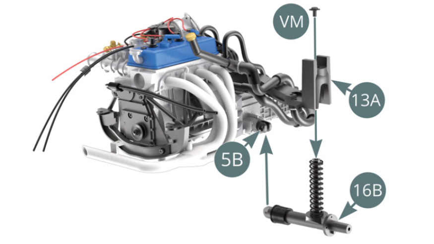 Position the left transmission shock absorber (16B) on the transmission joint (5B) and the rear sus-pension beam (13A) and secure it to the latter with a VM screw.