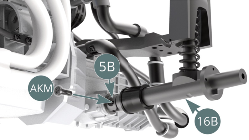 Fix the right transmission shaft (16B) to the transmission joint (5B) with an AKM screw, then slide the bellows (16C) over the transmission joint (5B) - see illustrations.