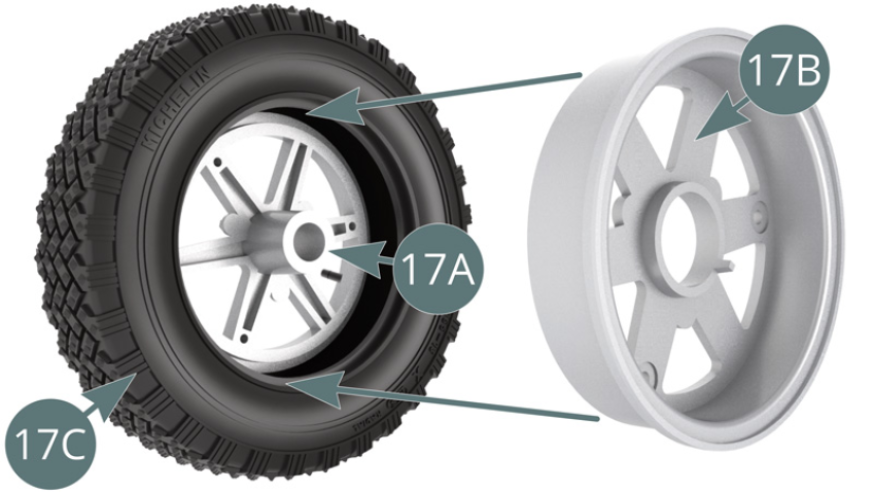 Position the inner wheel rim (17B) into the tyre (17C), aligning it with the outer rim (17A) and securing it with three AM screws (see illustrations opposite and below).