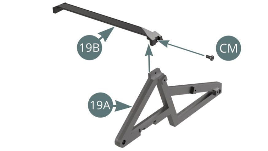 Position the upper cross member (19B) on the left frame (19A) and secure it with a CM screw. Position the lower cross member (18B) on the left frame (19A) and the upper cross member (19B) on the right frame (18A) and secure it with a CM screw.