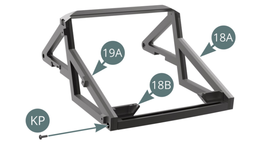 Attach the lower cross member (18B) to the left frame (19A) with a KP screw.