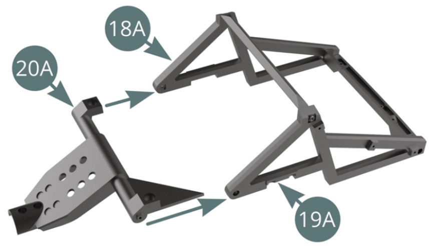 Instalar a moldura principal (20A) na moldura esquerda e direita (19A e 18A) e fixar com dois parafusos CM (ilustrações em frente e em baixo).