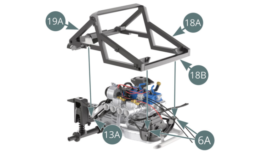 Positionner les cadres gauche 19A et droit 18A du berceau moteur sur la traverse de suspension arrière 13A et le support de berceau moteur 6A (illustrations ci-contre et ci-dessous).