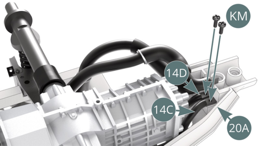 Align and position the left and right water hoses (14C&14D) on the main frame (20A) and secure with two KM screws. Attach the connecting pipe (10E) to the lower cross member (18B) with a KP screw.