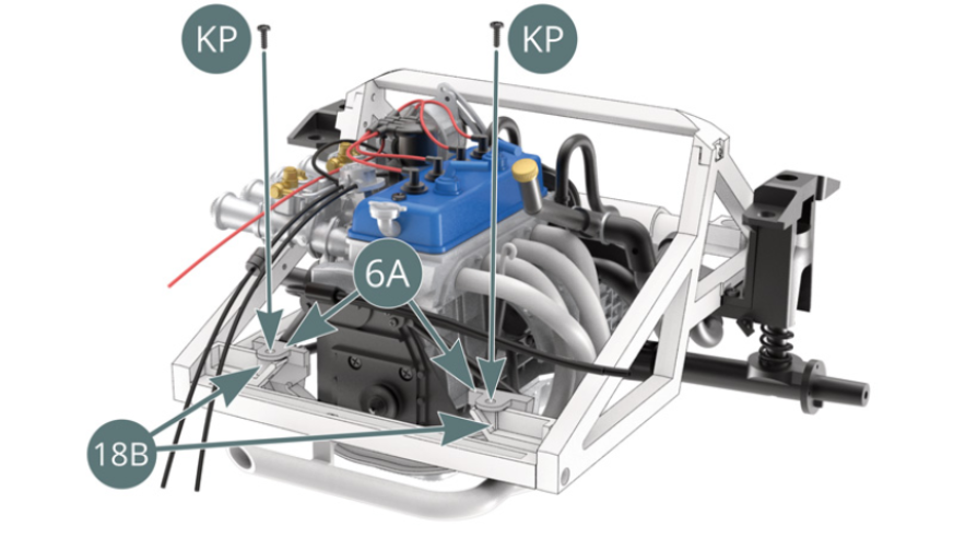 Assurer la fixation de la traverse inférieure 18B sur le support de berceau moteur 6A avec deux vis KP.