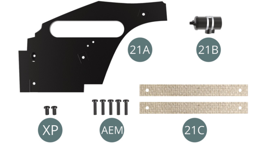 21A Left engine compartment panel 21B Ignition coil 21C Retaining strap (x 2) Screw XP M 2.3 x 4 mm (x 2) Screw AEM M 2.0 x 8 mm (x 5)