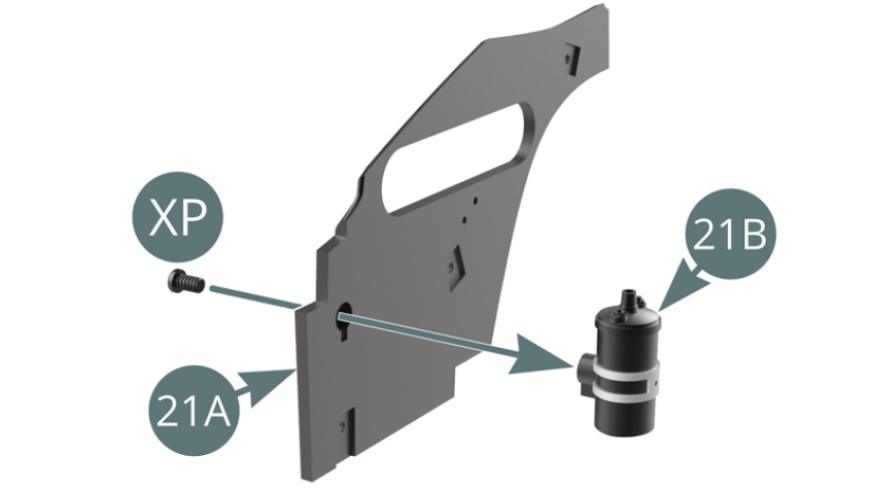 Position the ignition coil (21B) on the left side of the engine compartment (21A) and secure it with an XP screw.