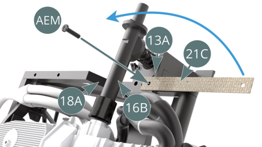 Position one end of a retaining strap (21C) over the rear suspension cross beam (13A) and secure it with an AEM screw through the right frame (18A).