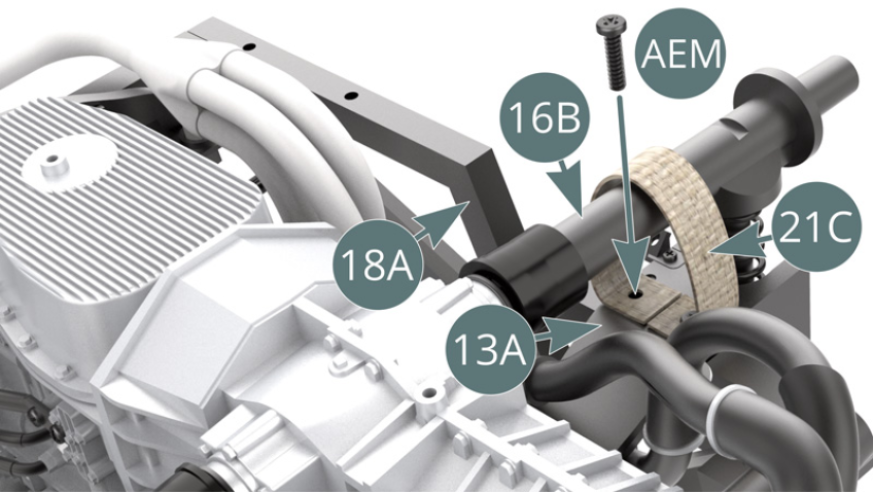 Wrap the other end of the strap (21C) around the right transmission shaft (16B) and secure it with another AEM screw as before (previous and above illustrations).