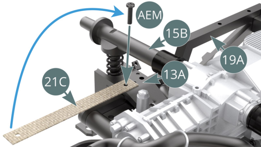 Position one end of a retaining strap (21C) over the rear suspension cross beam (13A) and secure with an AEM screw across the left frame (19A).