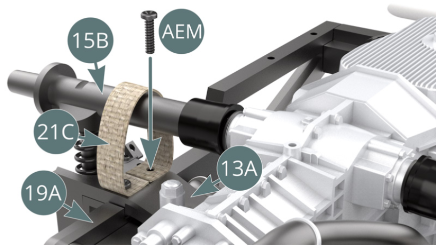 Wrap the other end of the strap (21C) around the left transmission shaft (15B) and secure it with another AEM screw as before (previous and above illustrations)