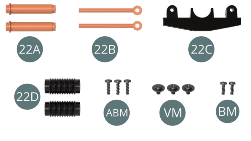 22A Cilindro dell'ammortizzatore (x 2) 22B Pistone dell'ammortizzatore (x 2) 22C Supporto 22D Parapolvere (x 2) Vite ABM M 1,7 x 6 mm (x 3) Vite VM M 2,3 x 4 x 6 mm (x 3) Vite BM M 1,7 x 5 mm (x 2)