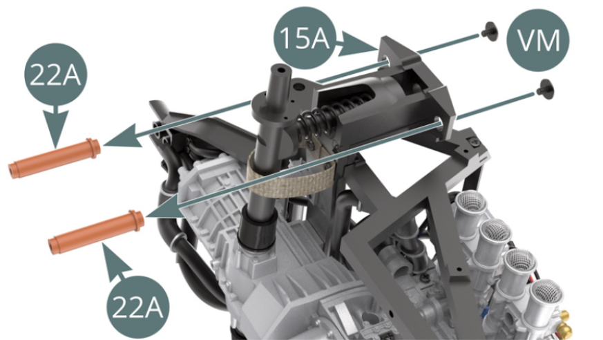 Position the two shock cylinders (22A) on the left suspension cup (15A) and secure each with a VM screw.