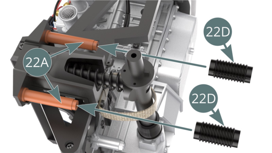 Position the two dust boots (22D) onto the shock cylinders (22A).