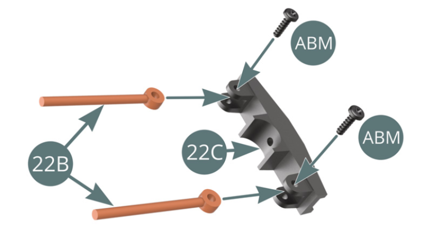 Positionner les deux pistons d’amortisseur 22B sur le support 22C et les fixer avec deux vis ABM.