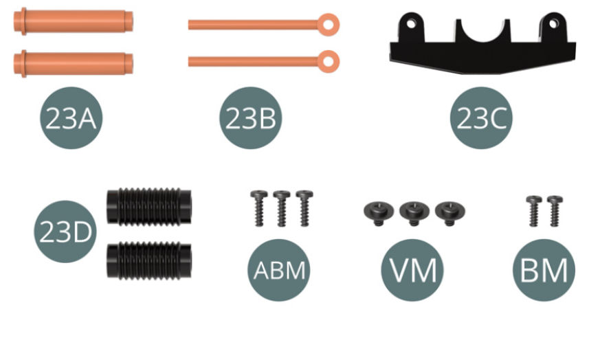 23A Stoßdämpferzylinder (2 Stück) 23B Stoßdämpferkolben (2 Stück) 23C Halterung 23D Staubschutz (x 2) Schraube ABM M 1,7 x 6 mm (x 3) Schraube VM M 2,3 x 4 x 6 mm (x 3) Schraube BM M 1,7 x 5 mm (x 2)