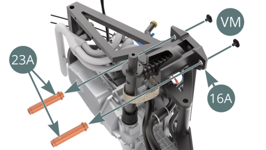 Position the two shock cylinders (23A) on the right suspension cup (16A) and secure each with a VM screw.