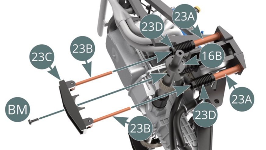 At the same time, insert both damper pistons (23B) into both damper cylinders (23A) by passing them through the two dust boots (23D). Fix the bracket (23C) to the right transmission shaft (16B) with a BM screw.