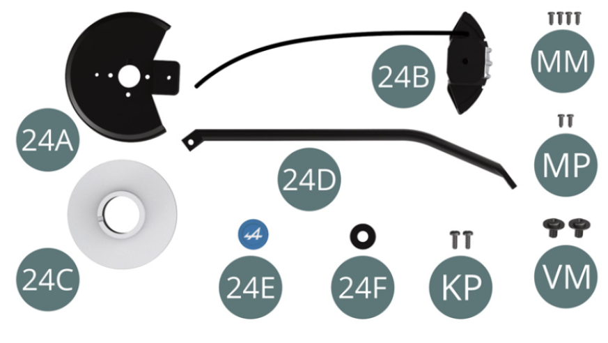 24A Dust cover 24B Brake caliper and hose 24C Brake disc 24D Support arm 24E Hub cap 24F Washer Screw KP M 1.4 x 4 mm (x 2) Screw MM M 1.2 x 3 mm (x 4) Screw MP M 1.2 x 3 mm (x 2) Screw VM M 2.3 x 4 x 6 mm (x 2)