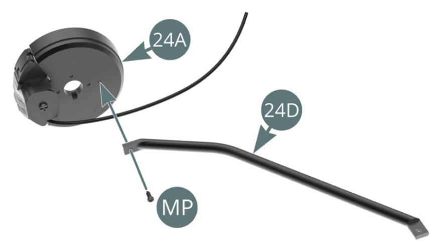 Position the support arm (24D) on the dust cover (24A) and secure with a MP screw ( allow a small amount of play at the fixing point).