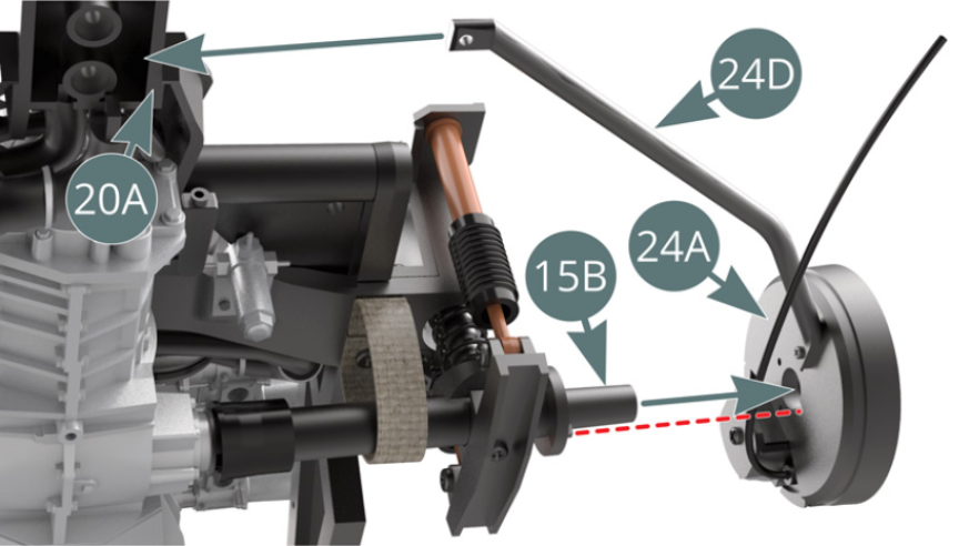 Position the dust cover (24A) onto the left transmission shaft (15B) - observe the correct alignment indicated by the red dashes.