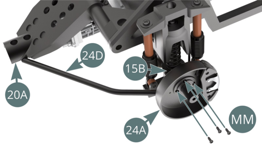 Position the end of the support arm (24D) onto the main frame (20A), then secure the dust cover (24A) with three MM screws ( pictured above and opposite)