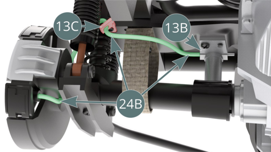 Guide the brake hose (24B) - highlighted in green - through the left rear brake line support (13C) and attach it to the master cylinder (13B) - shown above.