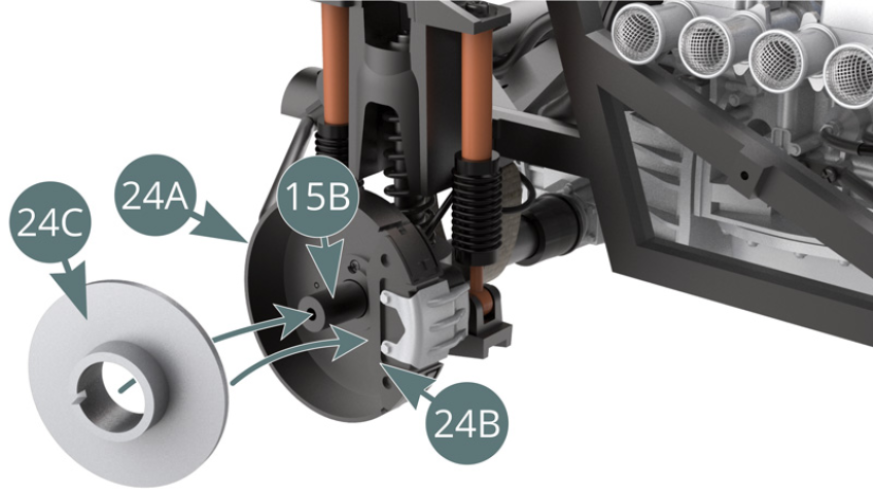 Die Bremsscheibe (24C) auf der linken Antriebswelle (15B) positionieren und dabei den Bremssattel (24B) und Staubschutz (24A) einrasten lassen.