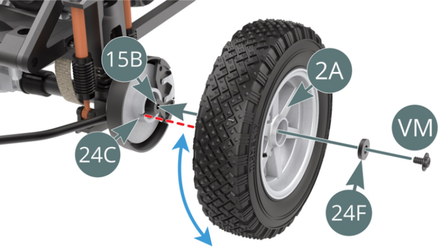 Positionner la roue pré-assemblée sur l’arbre de transmission gauche 15B par l’intermédiaire de la jante de roue extérieure 2A. La faire tourner d’avant en arrière afin de l’engager dans l’encoche située sur le disque de frein 24C (ligne pointillée rouge), puis la fixer avec une vis VM passée préalablement dans la rondelle 24F.