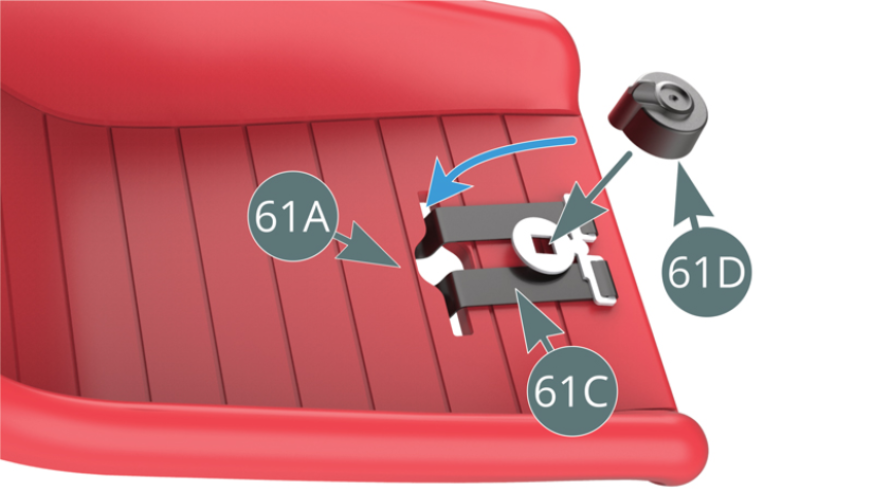 Far passare la cintura inferiore (61C) nella fessura del rivestimento del sedile conducente (61A) e montare il bloccaggio (61D) sulla fibbia. 